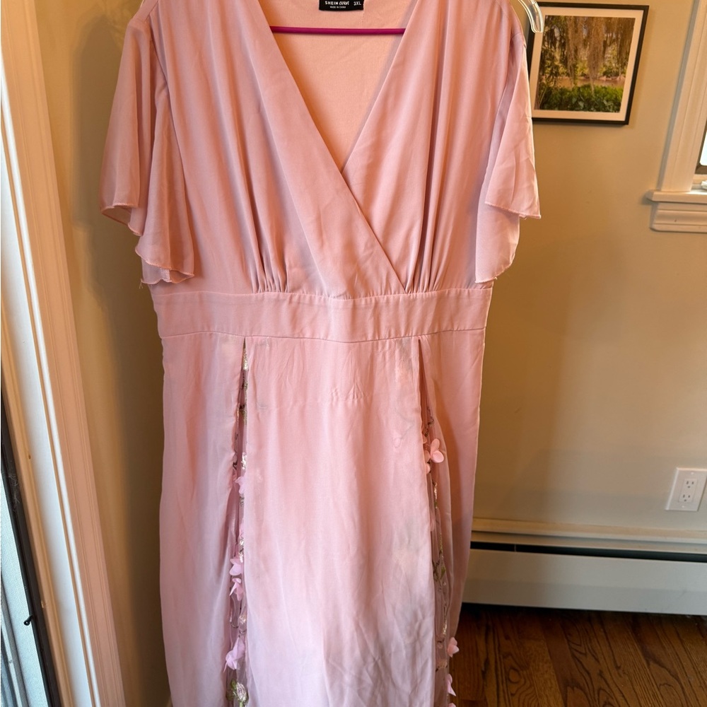 SHEIN Blush Pink Midi Dress with Floral Embellishments